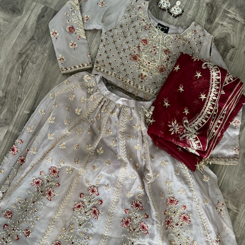 Gray Lengha w/ Red Dupatta Set